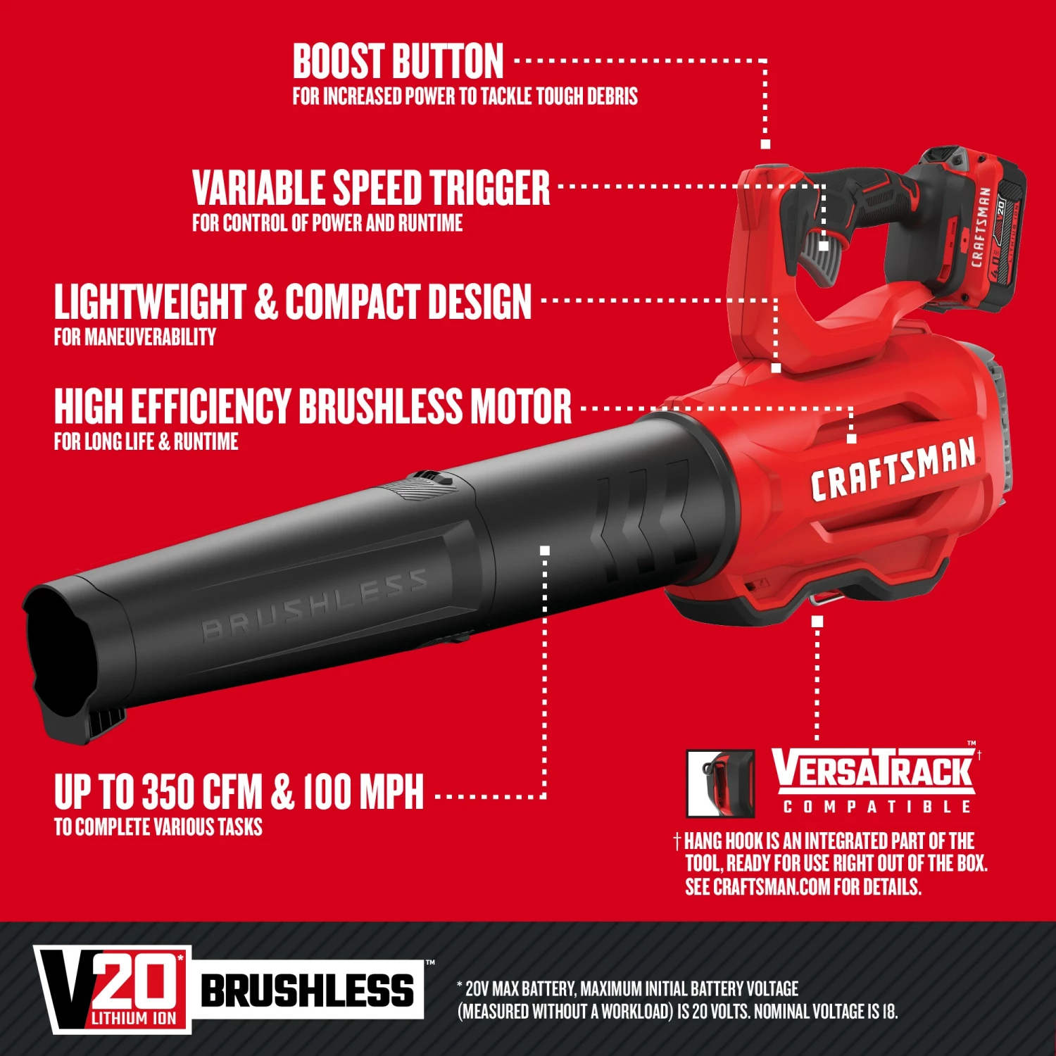 CRAFTSMAN Leaf Blowers V20 20-volt Max 350-CFM Brushless Handheld Cordless Electric Leaf Blower (Battery Included) 3 CRAFTSMAN Leaf Blowers V20 20-volt Max 350-CFM Brushless Handheld Cordless Electric Leaf Blower (Battery Included) - Image 3